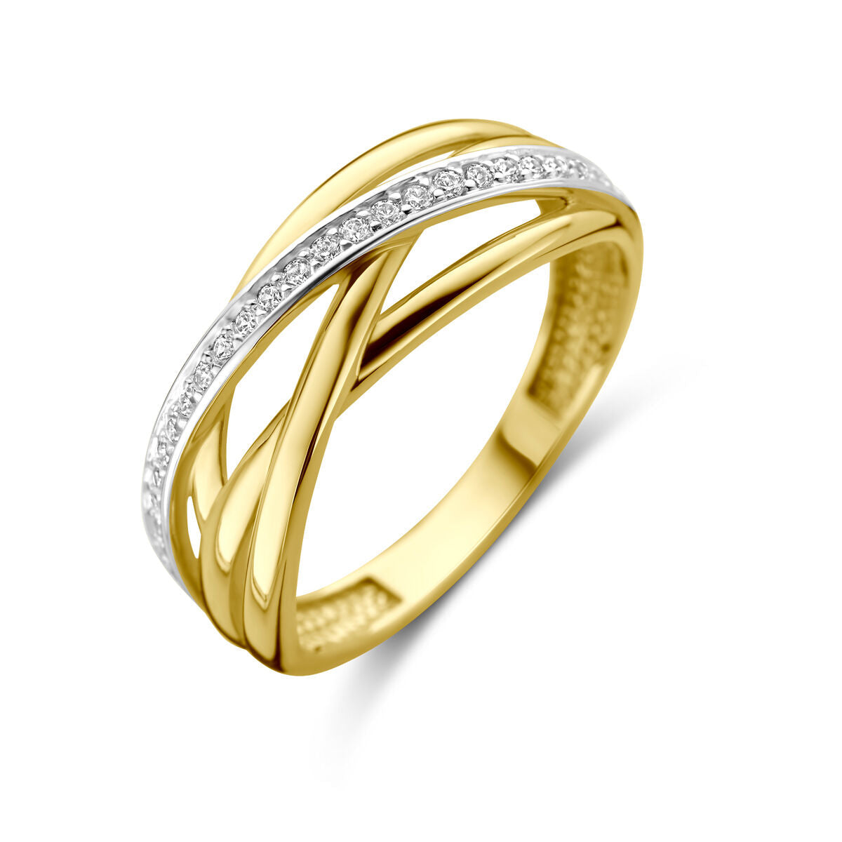 Anillo de oro amarillo de 14K con zircónas brillantes en diseño entrelazado.