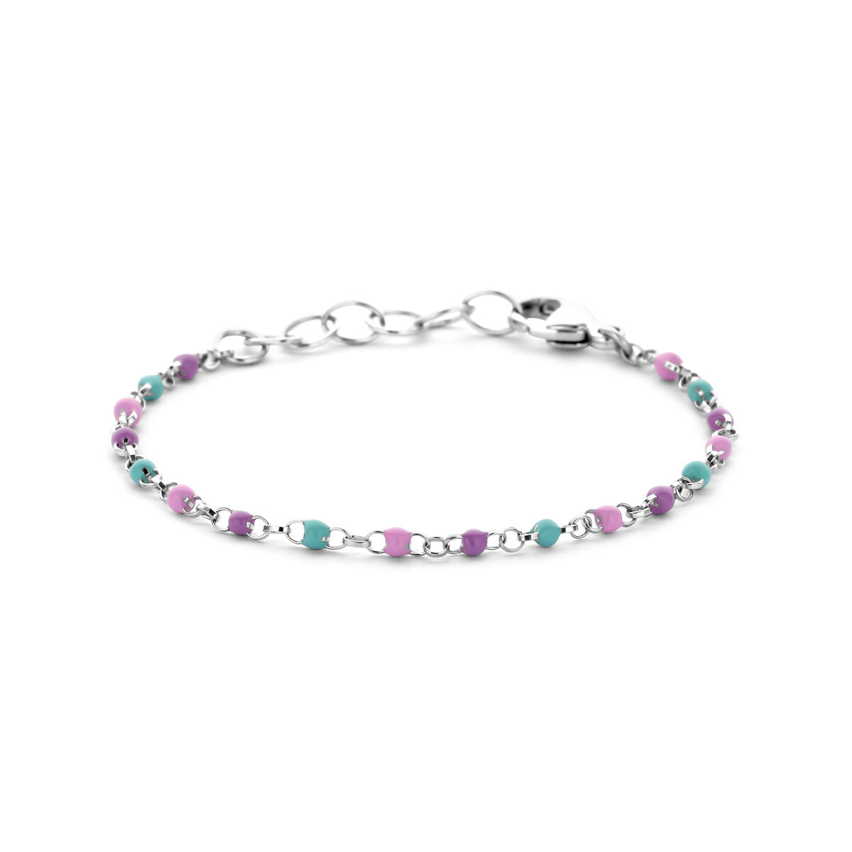 Pulsera de bolitas de esmalte de colores en plata rhodinizada, con un largo de 11 + 2 cm.