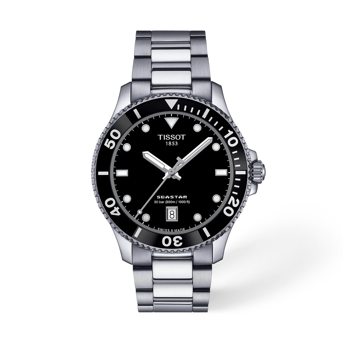 Reloj Tissot Seastar 1000 de 40 mm, con esfera negra, caja y correa de acero inoxidable, y bisel unidireccional.
