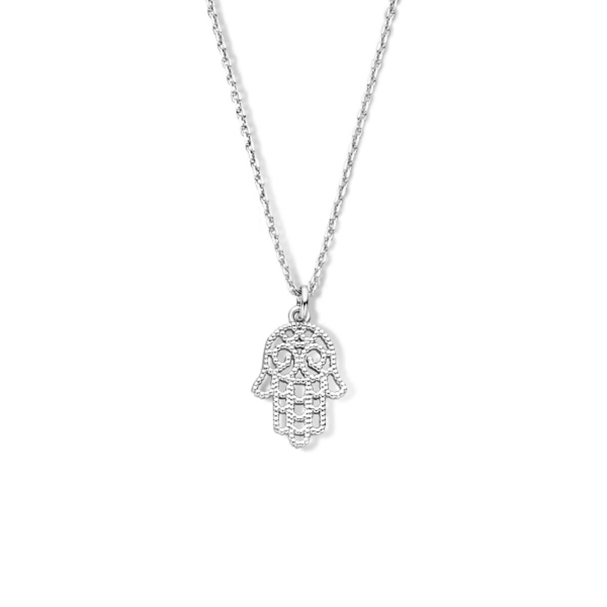 Collar de plata rodiada con colgante en forma de mano de Fátima, cadena fina de 40 + 4 cm.