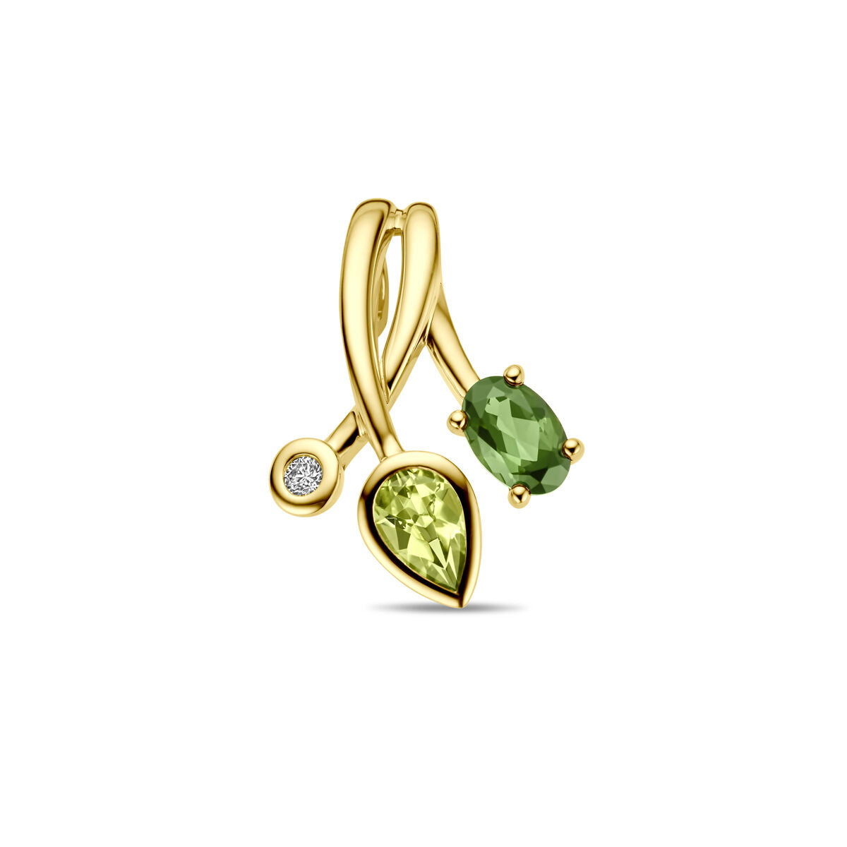 Colgante de oro amarillo de 14K con piedras preciosas de turmalina verde, peridoto y diamante de 0.03ct.
