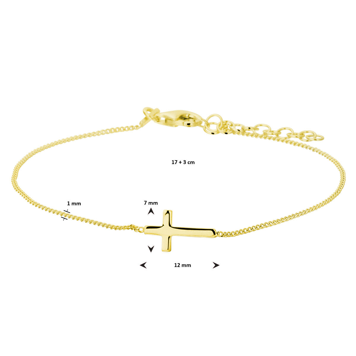 pulsera cruz 17 + 3 cm 3 micrones plata chapado en oro amarillo