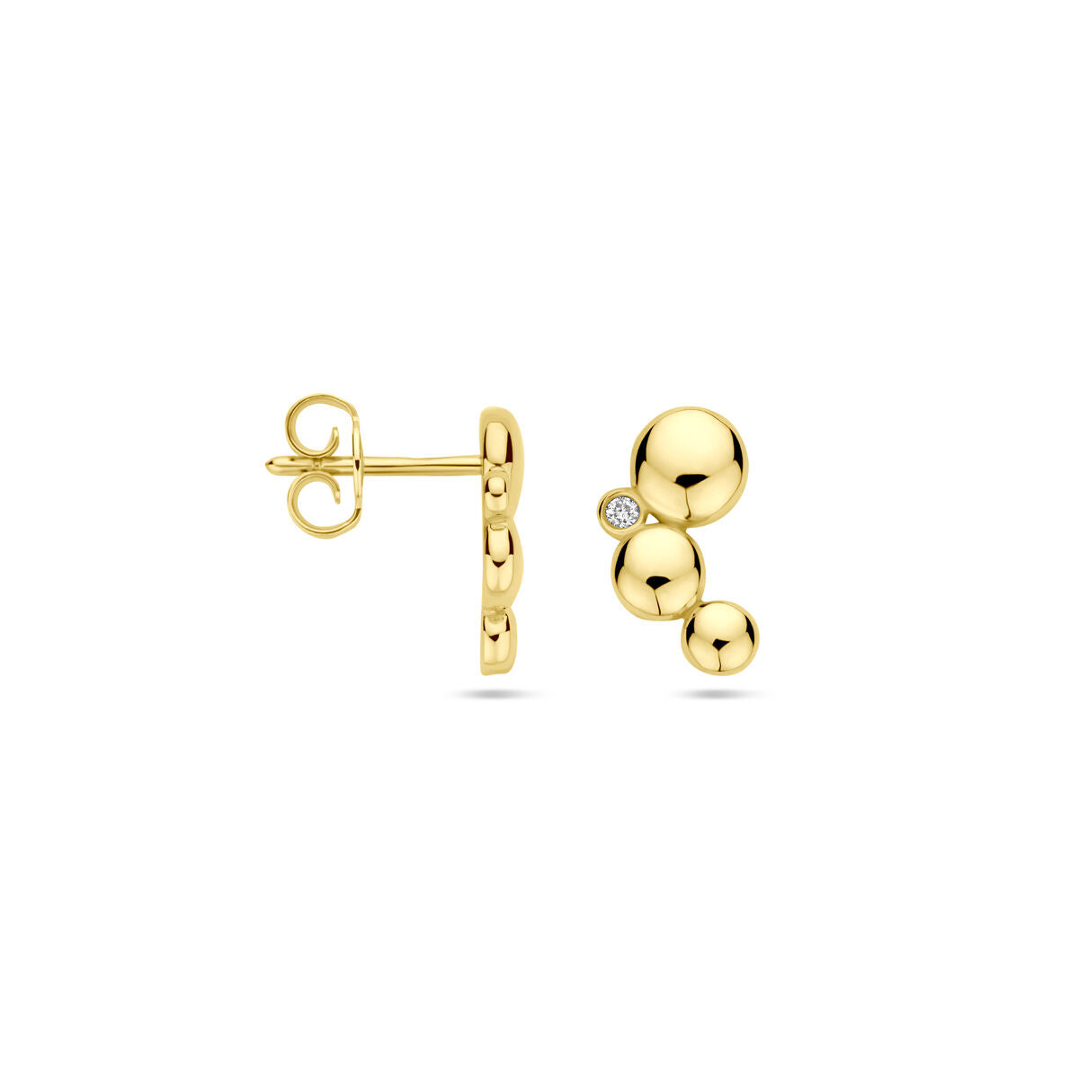 Pendientes de oro amarillo de 14K con diamantes de 0.02 ct, diseño de tres esferas.