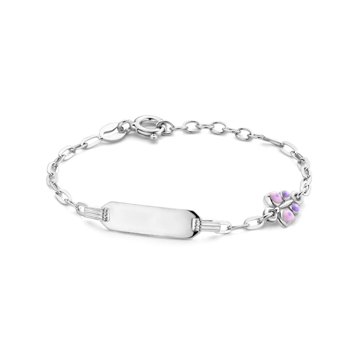 Pulsera de plata rhodinizada con placa para grabar y charm de mariposa.