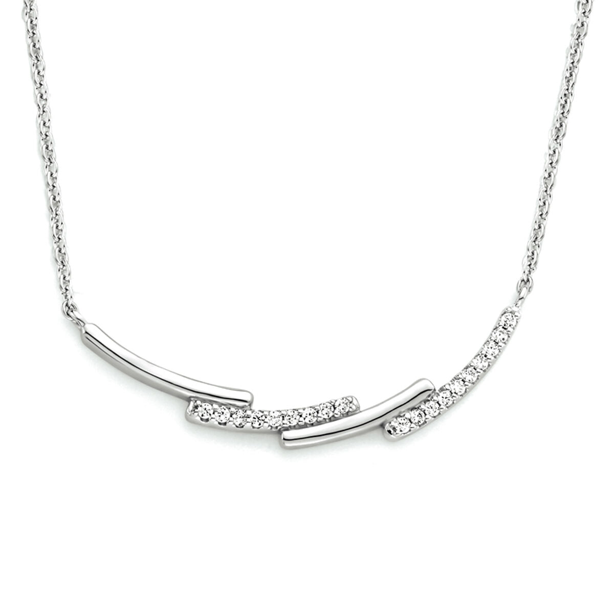 Collar de plata rhodium con detalles en zirconia, forma ondulada y brillante.