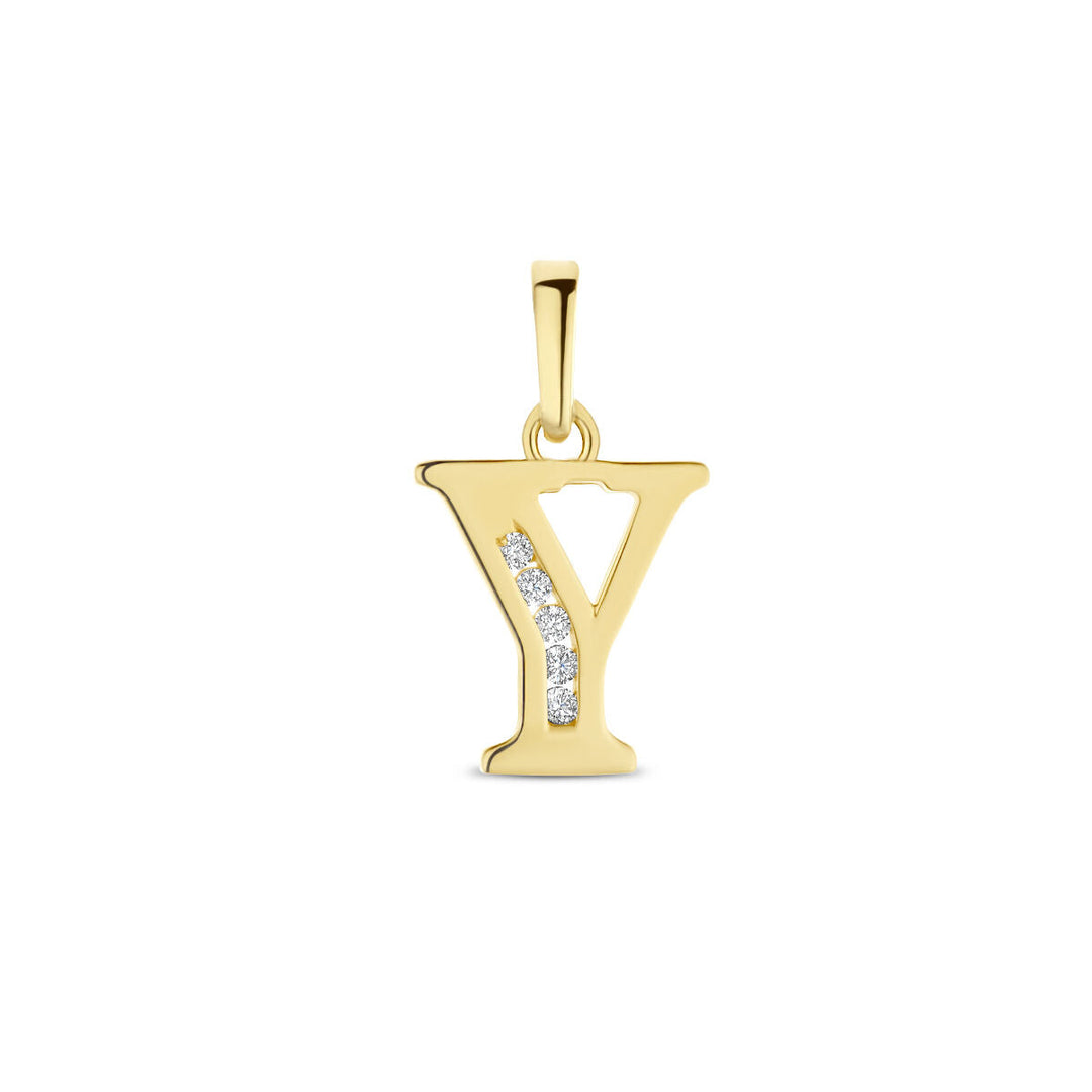 De hanger letter zirkonia 14K geelgoud uit de Van der Kooij Collectie is elegant vormgegeven en versierd met een rij fonkelende zirkonia's.