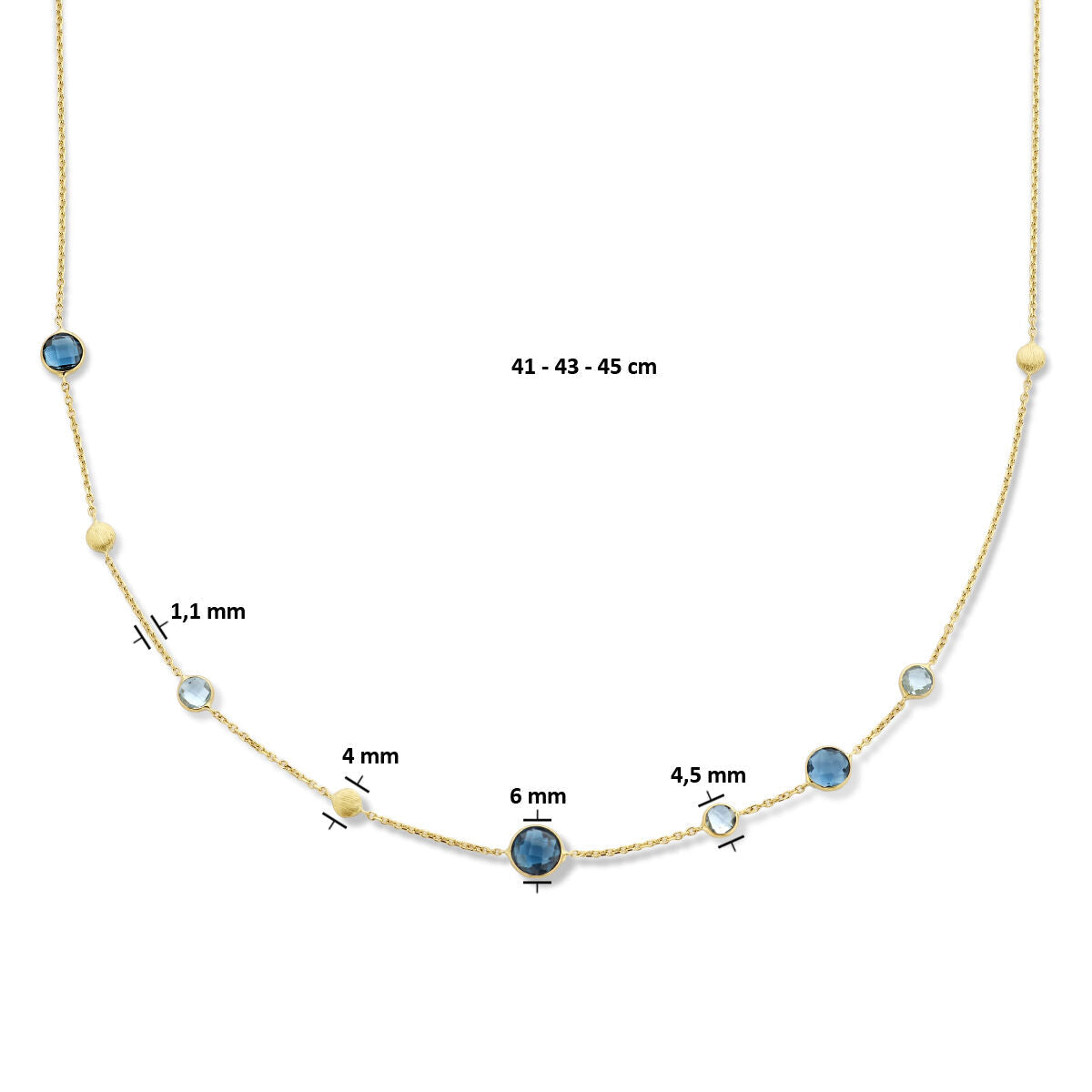 Collar de mujer en oro con london blue y topacio azul y círculos 14K