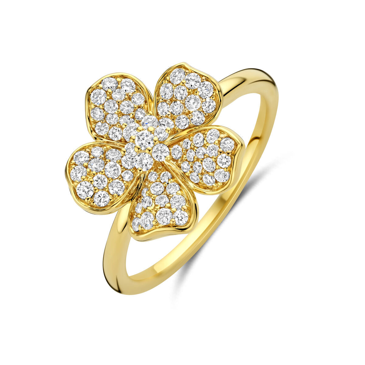 Anillo de dama en oro amarillo de 14k con diseño de flor y diamantes brillantes.