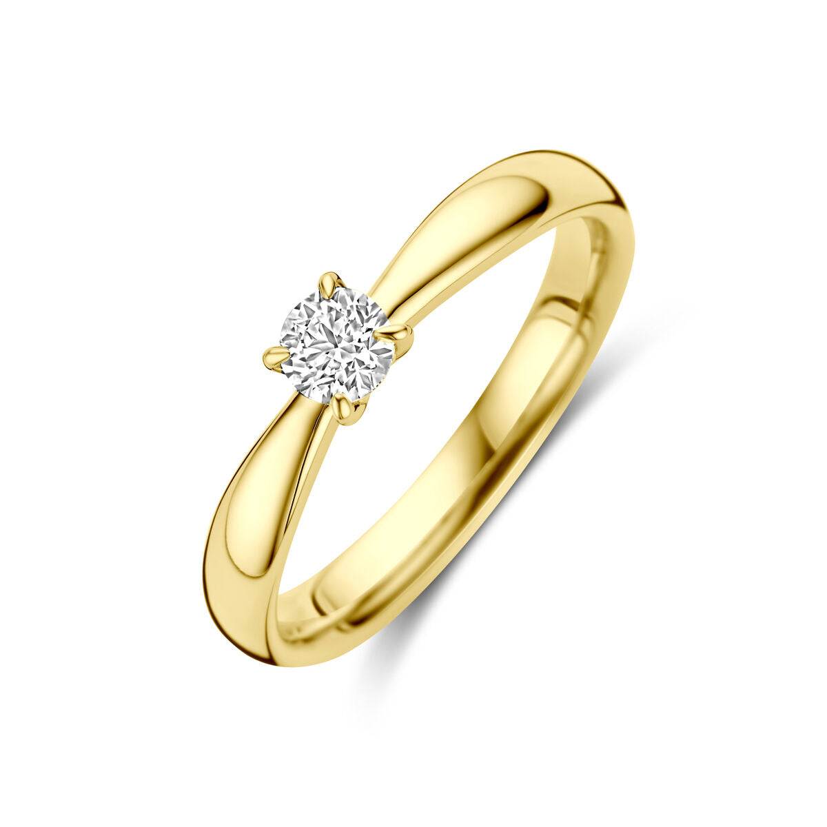 Anillo de compromiso en oro amarillo de 14K con diamante de 0.25 ct, diseño elegante y brillante.