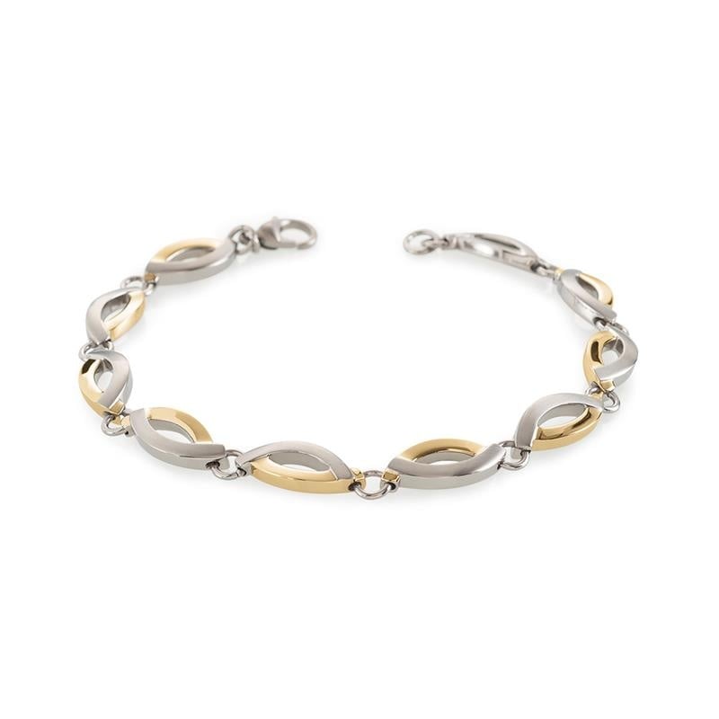 Pulsera de titanio bicolor con eslabones entrelazados en tonos plateado y dorado.