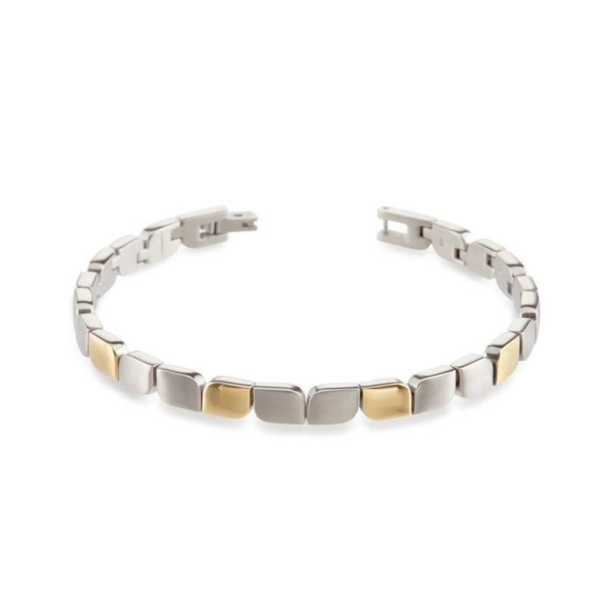 Pulsera bicolor de titanio con eslabones rectangulares en tonos plateado y dorado.