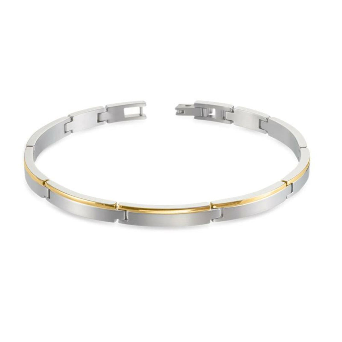 Pulsera de titanio bicolor con detalles en dorado y acabado mate.