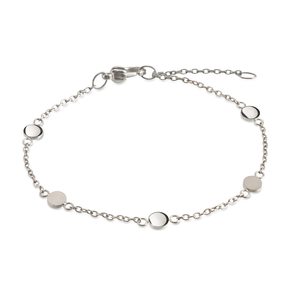Pulsera de titanio con eslabones y discos plateados.