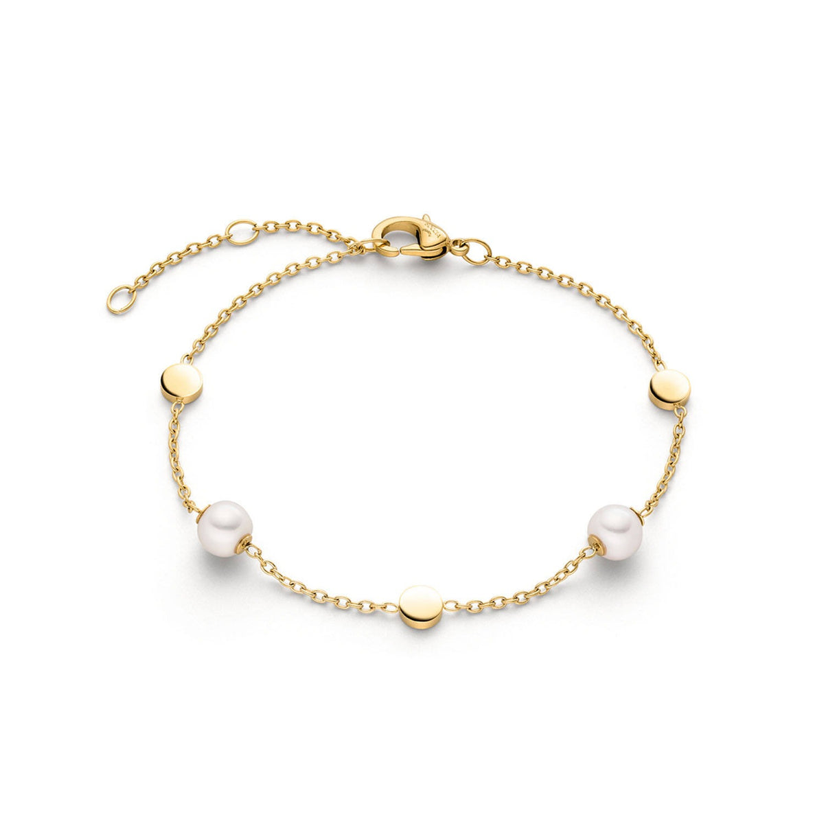 Pulsera de titanio con perlas y detalles dorados, longitud de 22 cm.