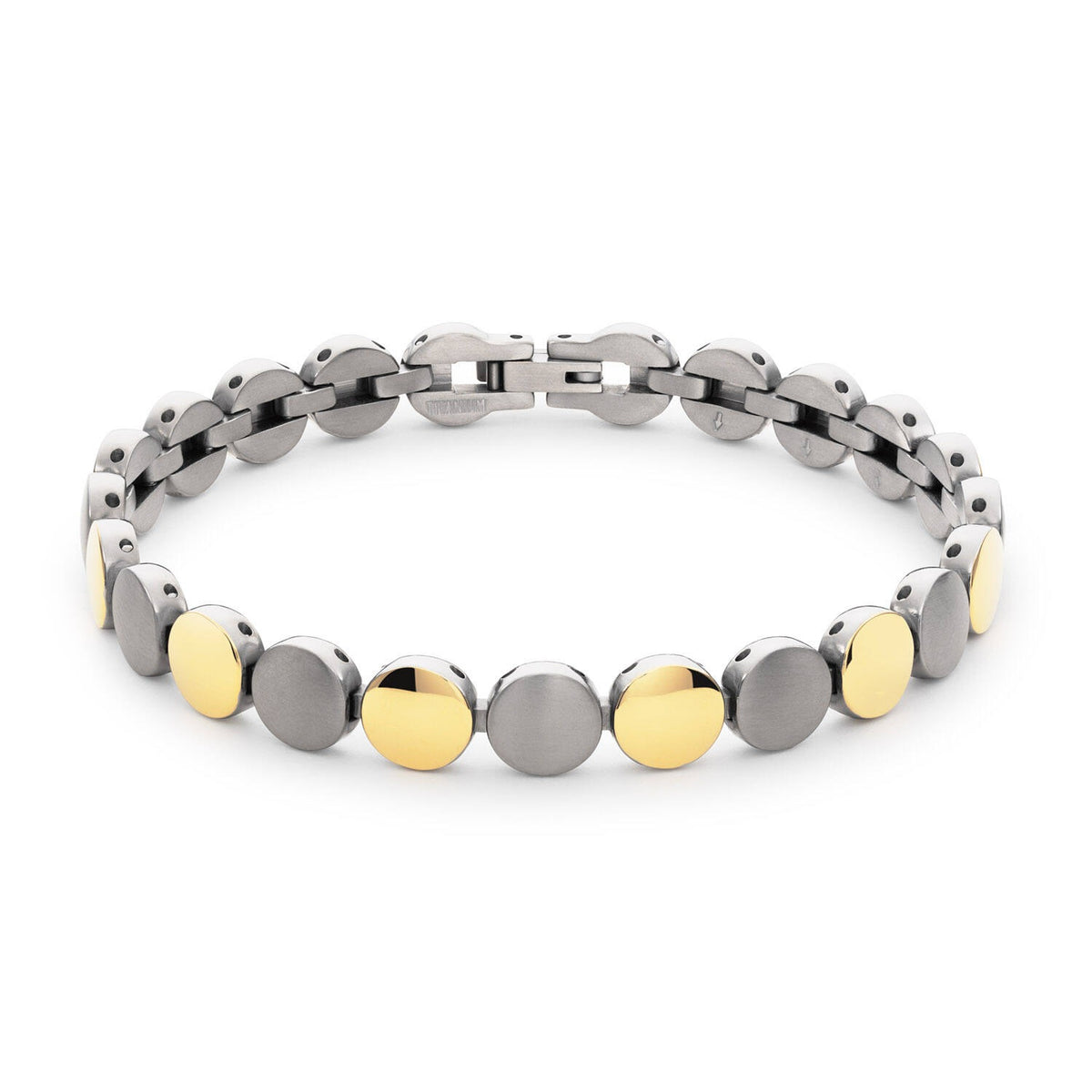 Pulsera de titanio con eslabones redondos en tonos plateados y dorados, de 21 cm de largo.
