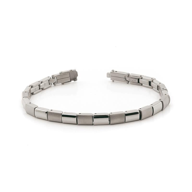 Pulsera de titanio con eslabones rectangulares en acabado mate y brillante.