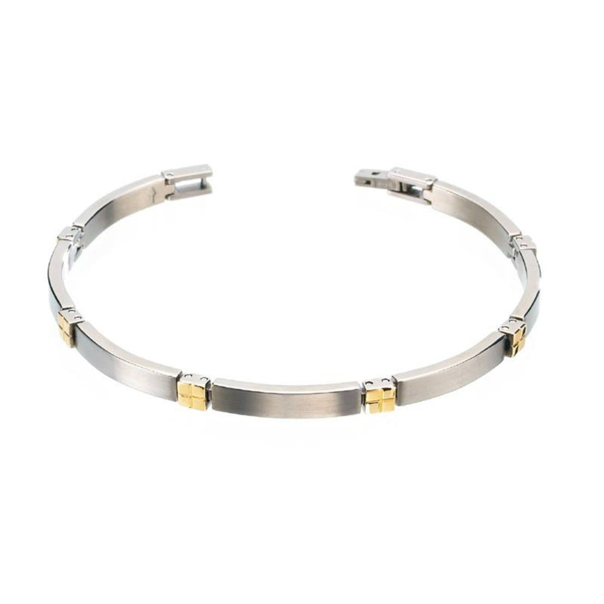 Pulsera de titanio bicolor con detalles en dorado y acabado mate.