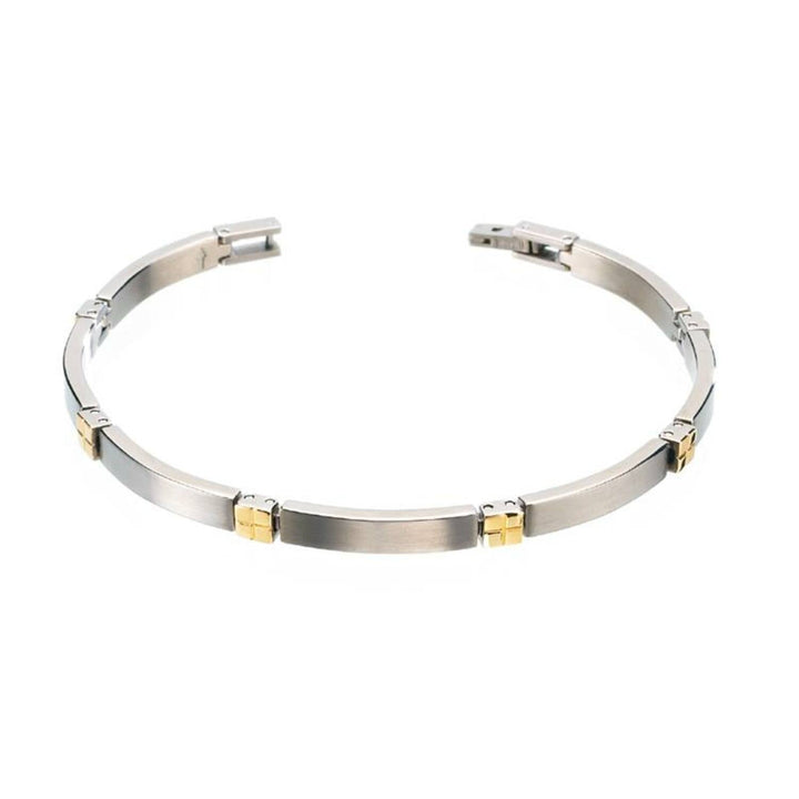 De Boccia Titanium Armband Bicolor 0329-04 heeft strakke, rechthoekige zilveren en gouden segmenten met gelijkmatig verdeelde gouden accenten, afgebeeld op een witte achtergrond.