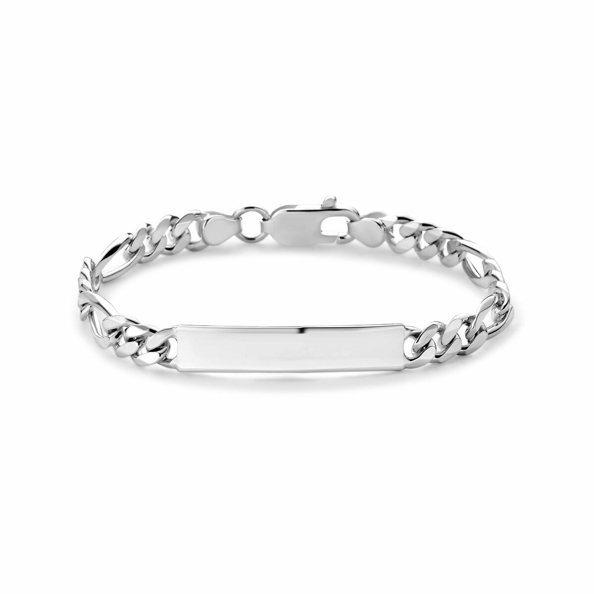 Pulsera de plata blanca con eslabones figaro y placa para grabar de 7,0 mm.