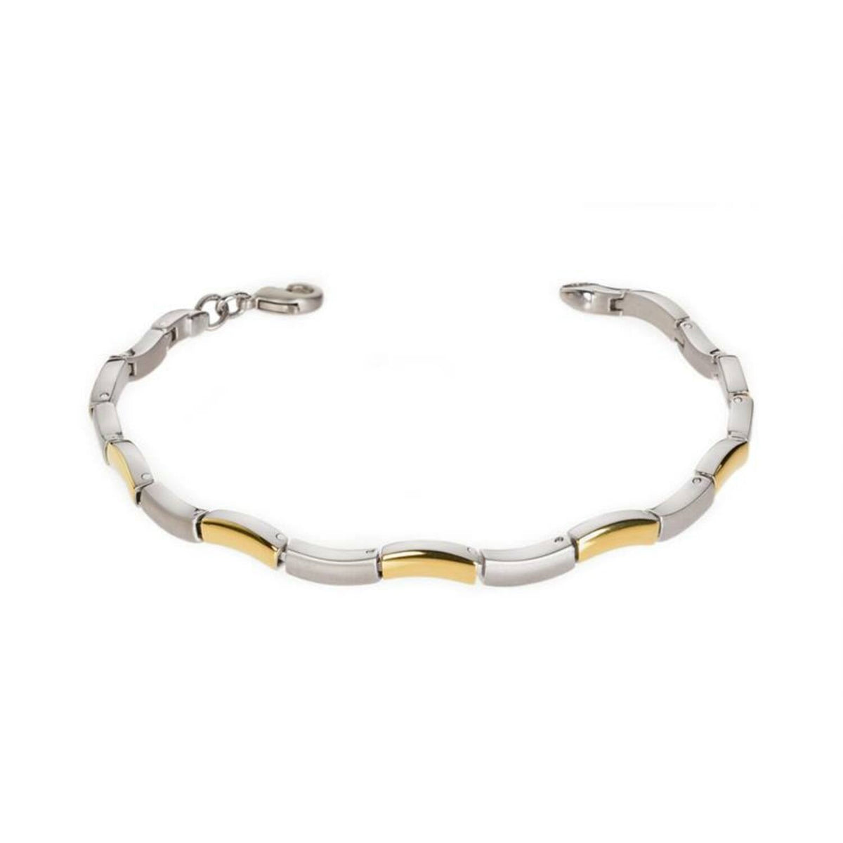 Pulsera de titanio bicolor con eslabones plateados y detalles dorados.