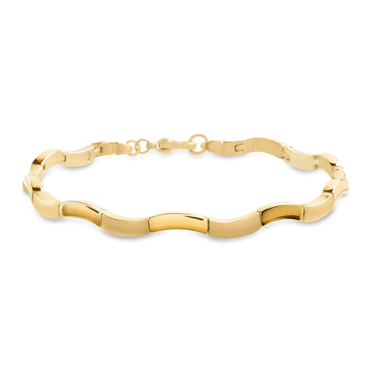 Pulsera de titanio dorada con eslabones rectangulares y acabado pulido.