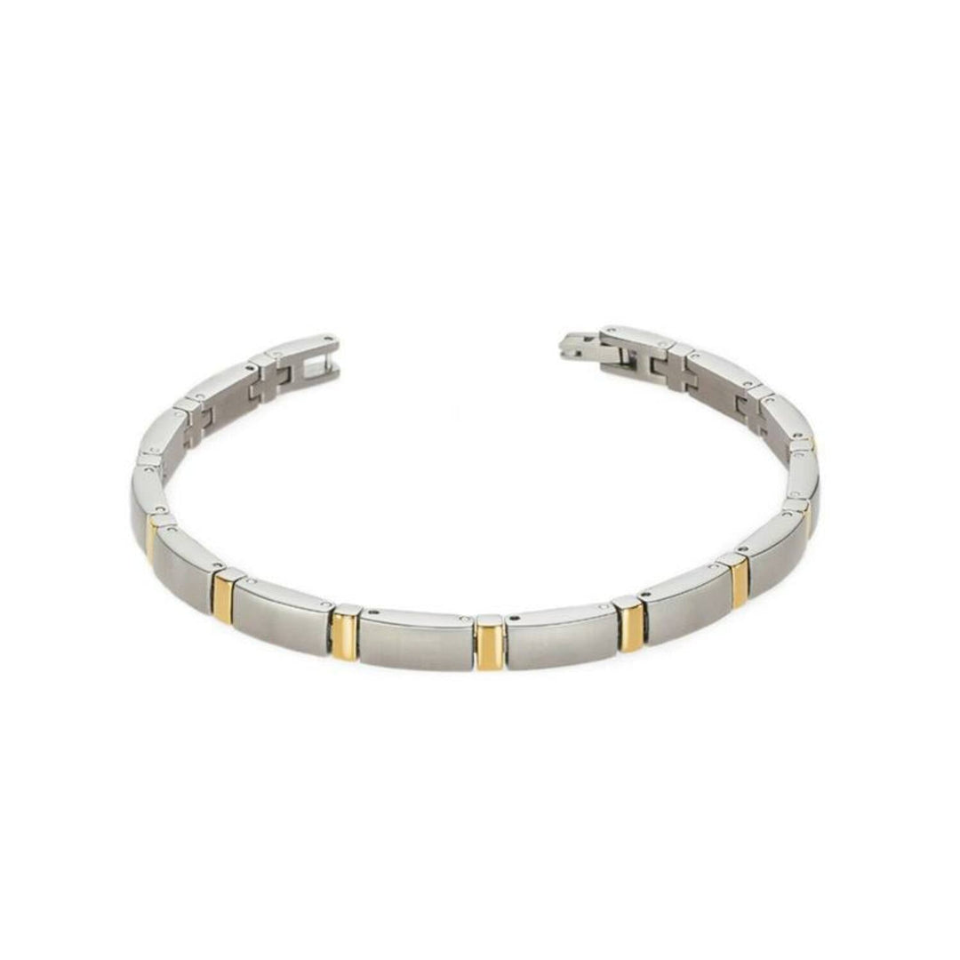De Boccia Titanium Armband Bicolor 0371-02 heeft rechthoekige zilverkleurige schakels met subtiele gouden accenten, wat zorgt voor een verfijnde tweekleurige look. Deze strakke armband van Boccia komt elegant tot zijn recht tegen een witte achtergrond.