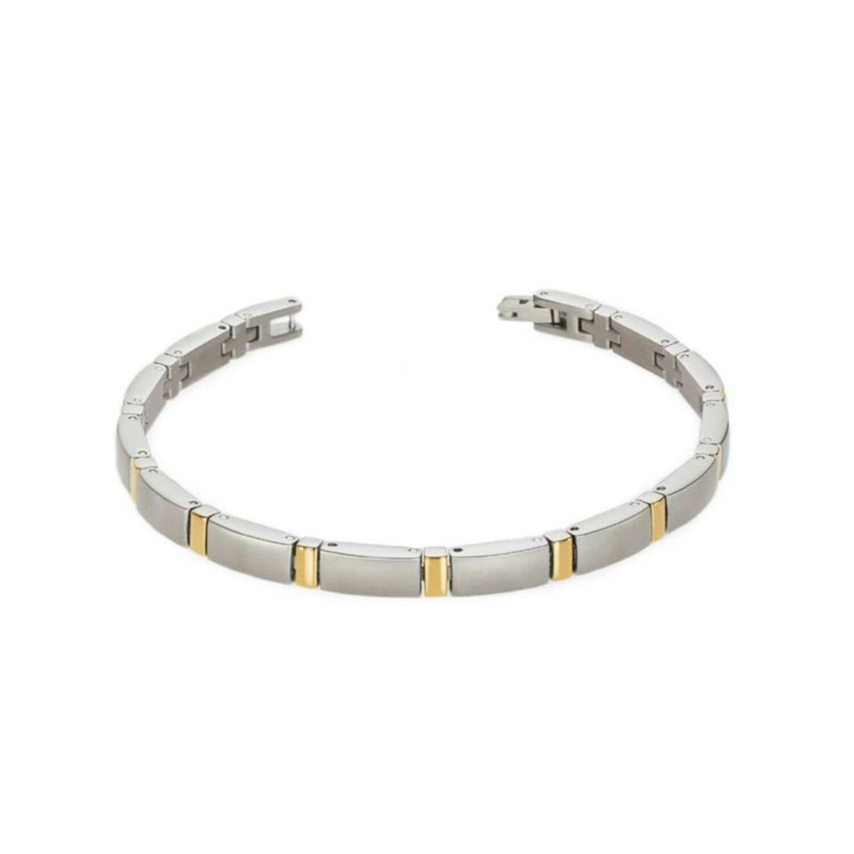 Pulsera bicolor de titanio con detalles dorados y diseño rectangular.