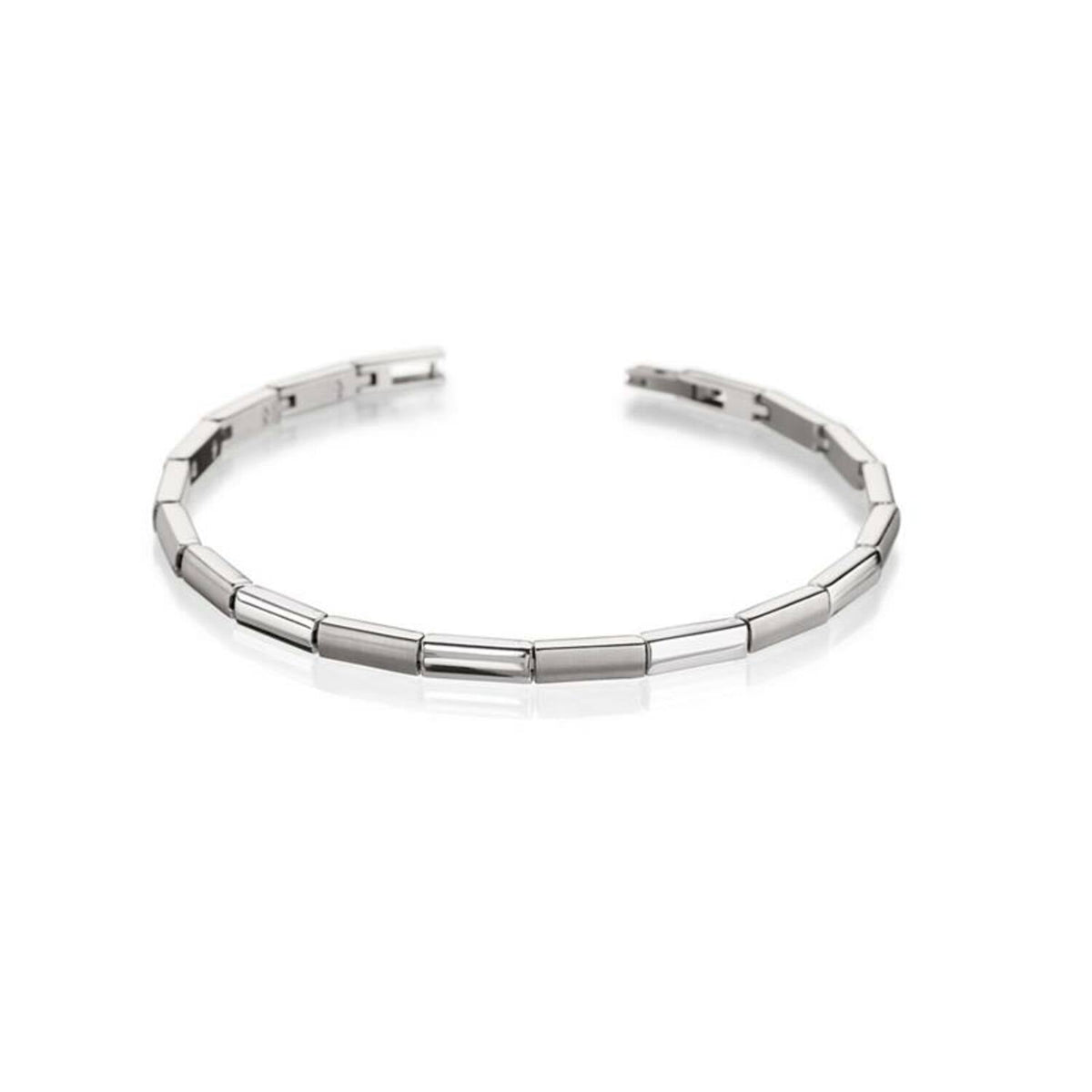 Pulsera de titanio plateada con eslabones rectangulares y acabado pulido.