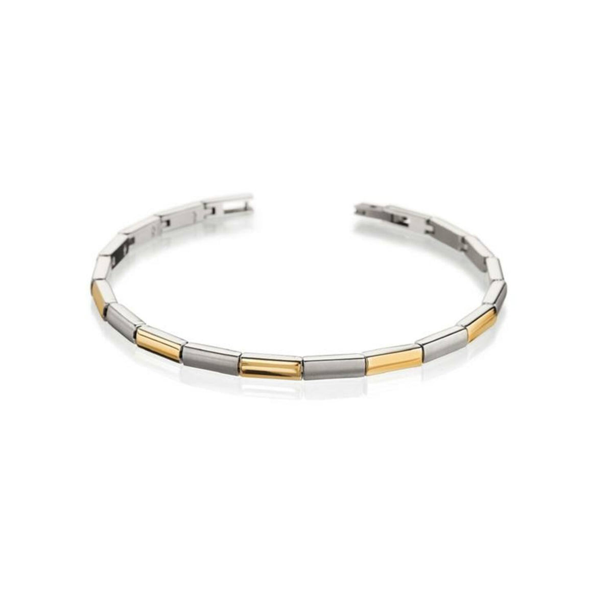 Pulsera bicolor de titanio con detalles dorados y plateados, diseño moderno y elegante.