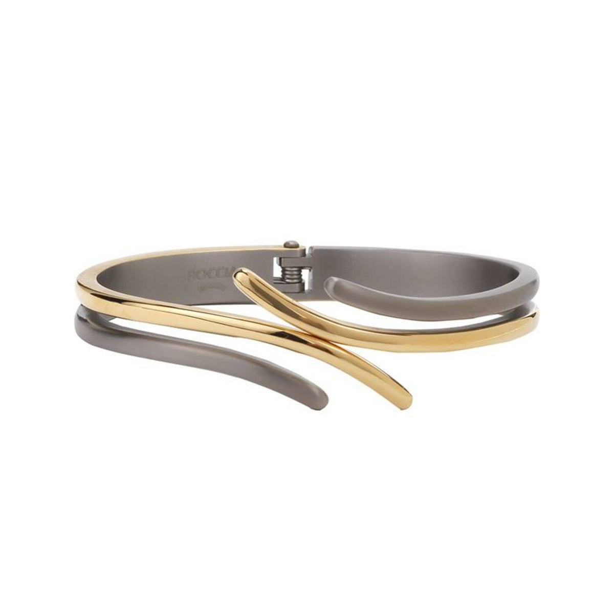 Pulsera de titanio bicolor con diseño ondulado en tonos gris y dorado.