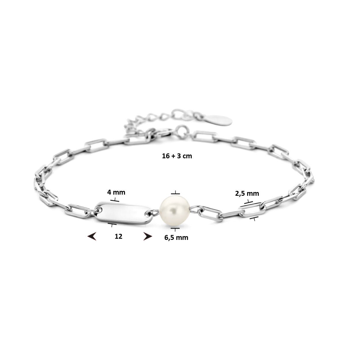 pulsera de grabado con placa de perla 4,0 mm plata rodiada