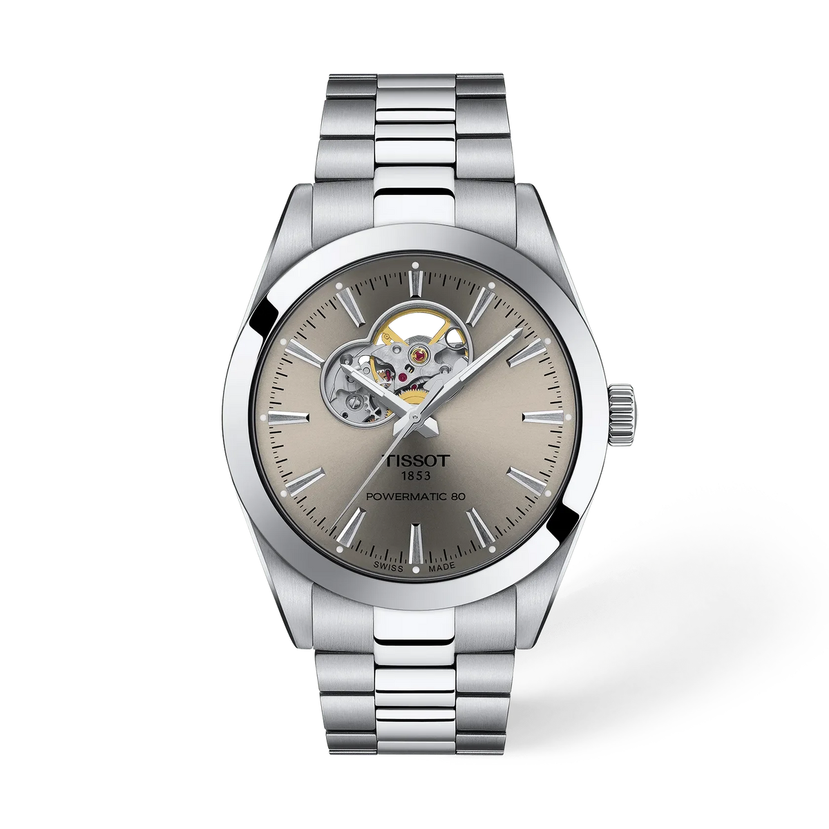 Reloj Tissot Gentleman Open Heart de 40 mm con caja de acero inoxidable y esfera gris.