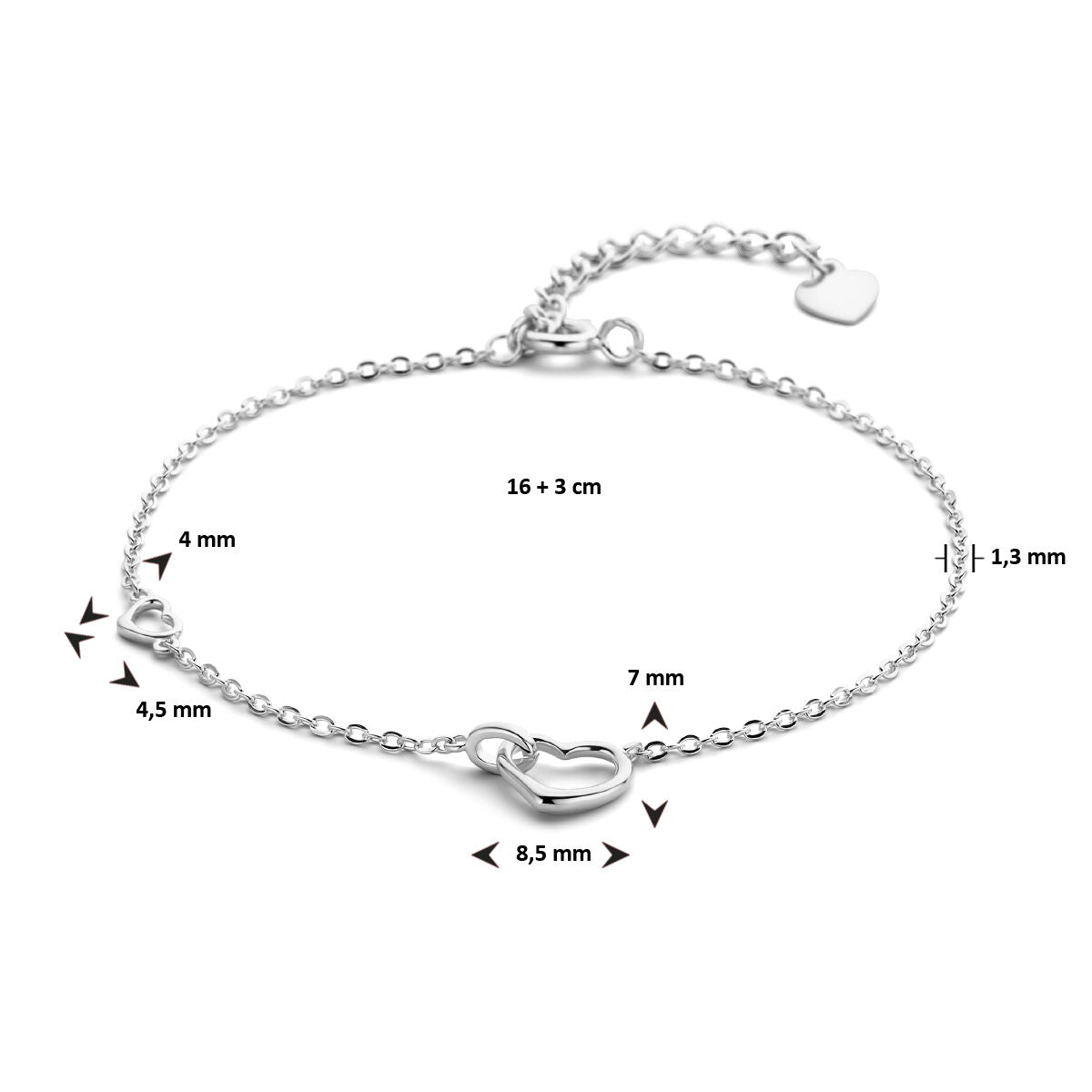 pulsera de corazones 16 + 3 cm plata rodiada