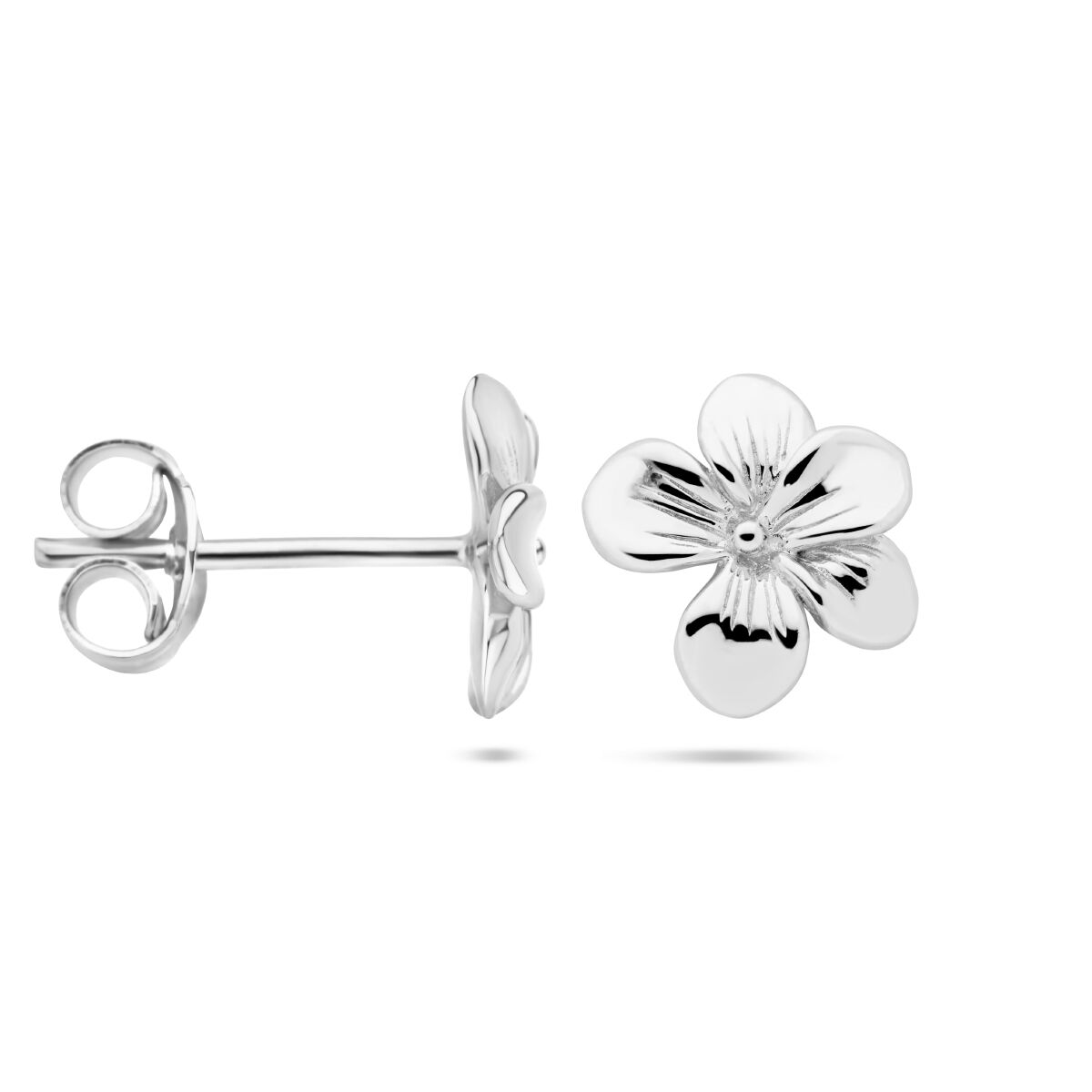 Een paar oorknoppen viooltje zilver gerhodineerd uit de Van der Kooij Collectie, getoond van de zijkant en voorkant op een witte achtergrond-stijlvolle dames sieraden voor elke gelegenheid.