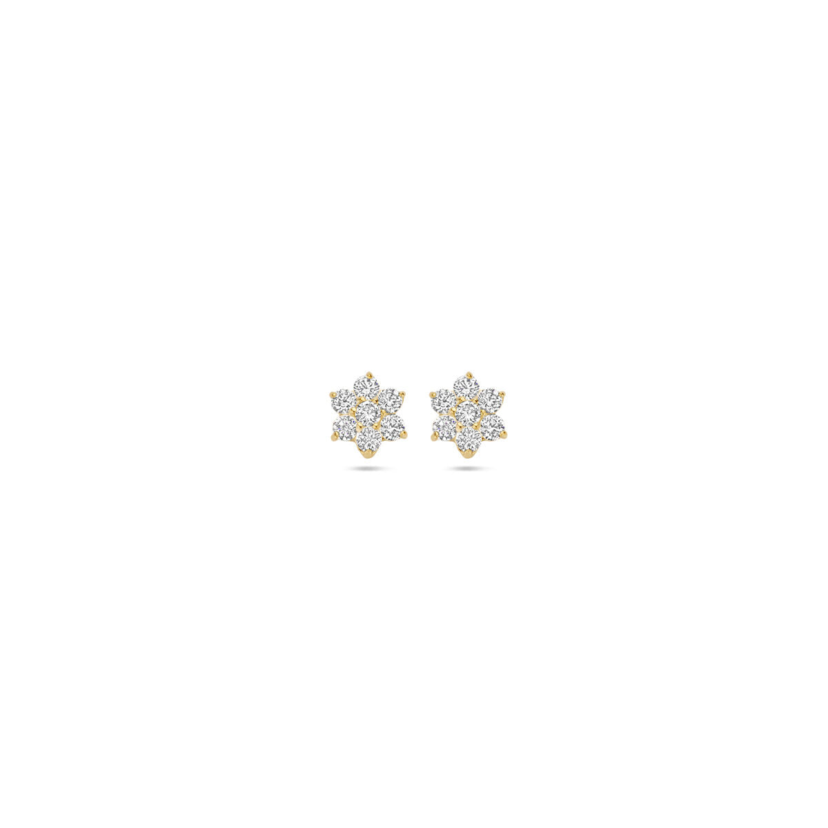 Pendientes de primera puesta en forma de flor, color dorado y decorados con circonitas.