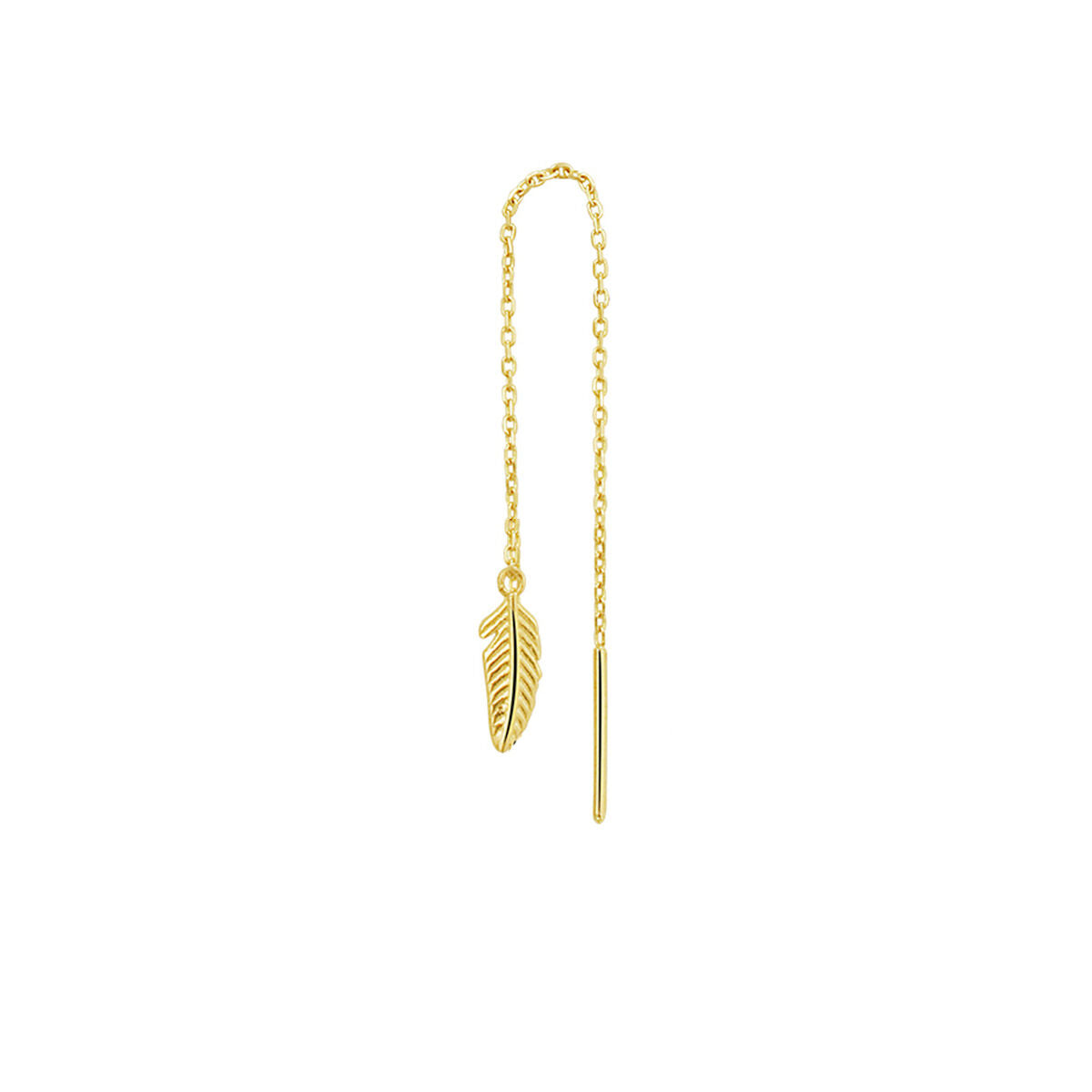 Pendiente largo en forma de pluma de 14K oro amarillo con cadena delicada.