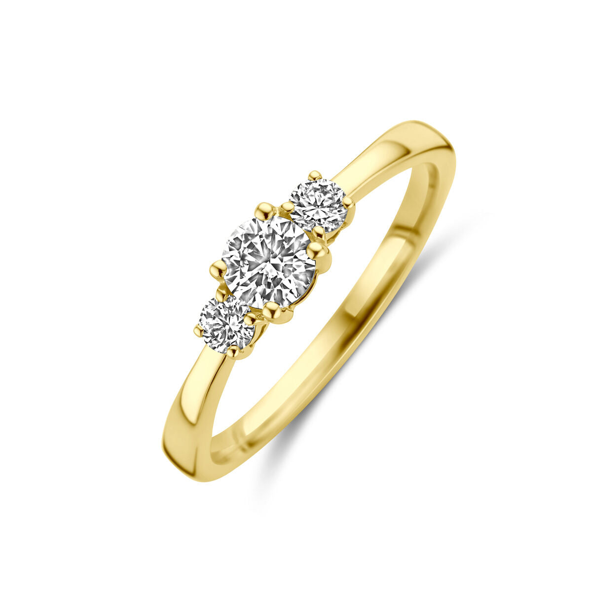 Anillo de trilogía con diamantes cultivados en laboratorio de 0.46 ct, en oro amarillo de 14K.