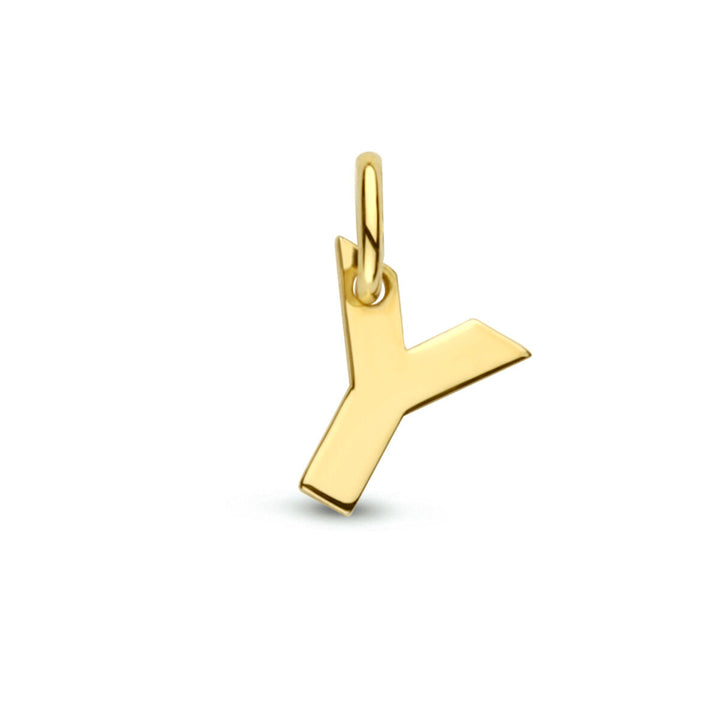 De hanger letter 14K geelgoud van Van der Kooij Collectie, met een gepolijste afwerking in de vorm van een Y, is gefotografeerd tegen een witte achtergrond - ideaal voor liefhebbers van stijlvolle letterhangers.