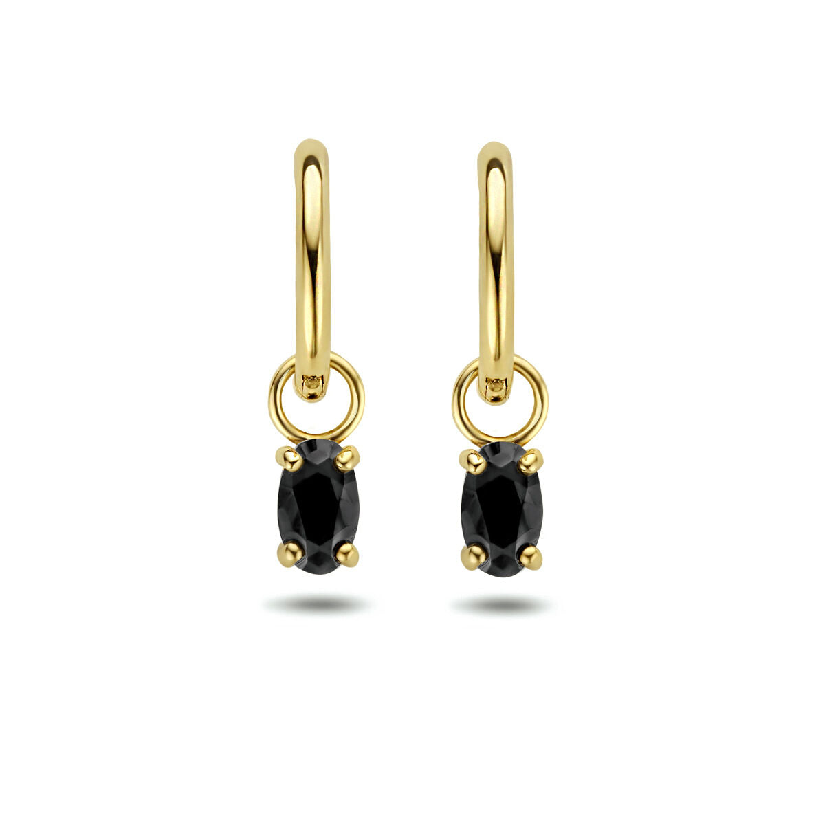 Pendientes de aro en oro amarillo de 14K con zirconia negra en forma ovalada.