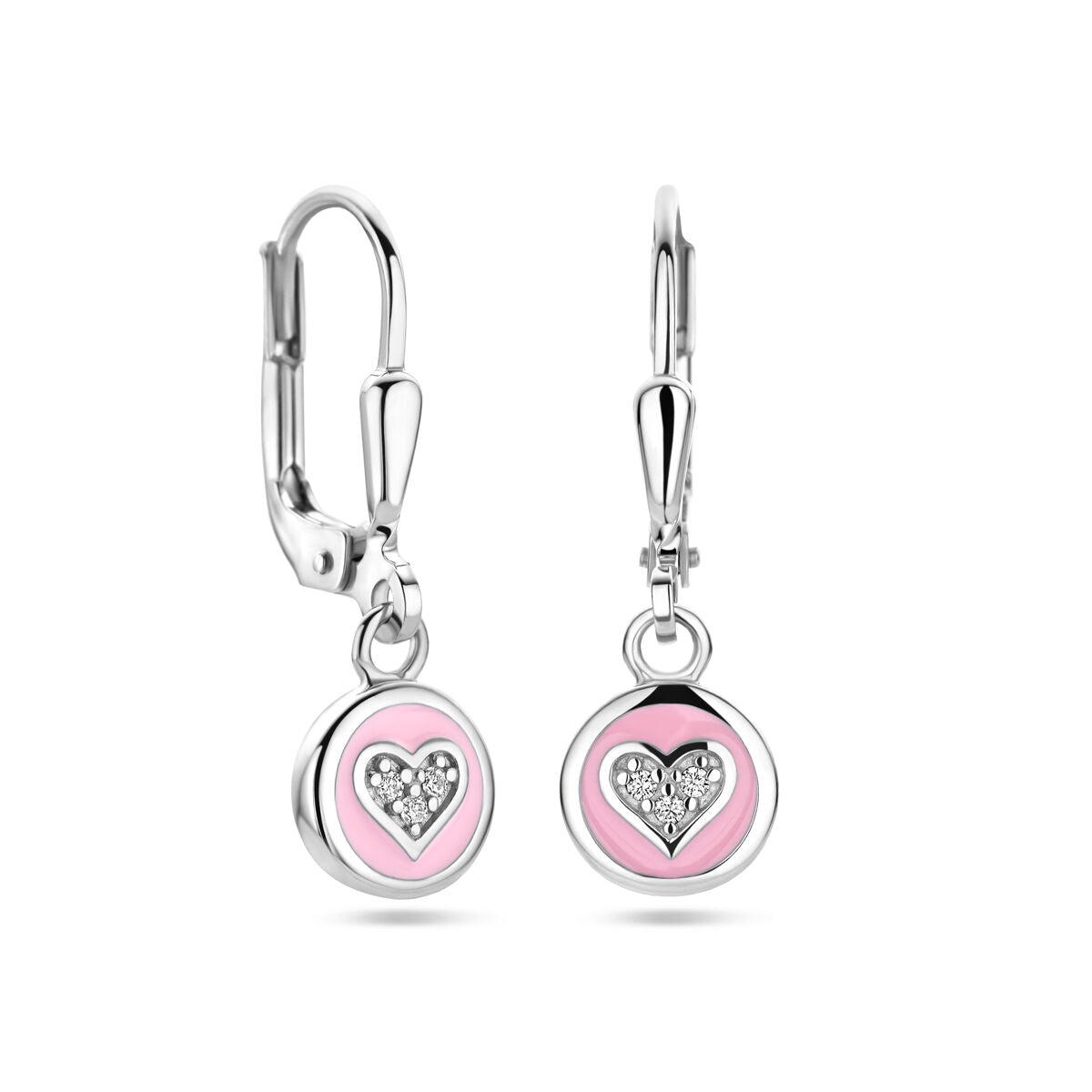 pendientes corazón de zirconia y esmalte rosa con gancho de plata rodiada