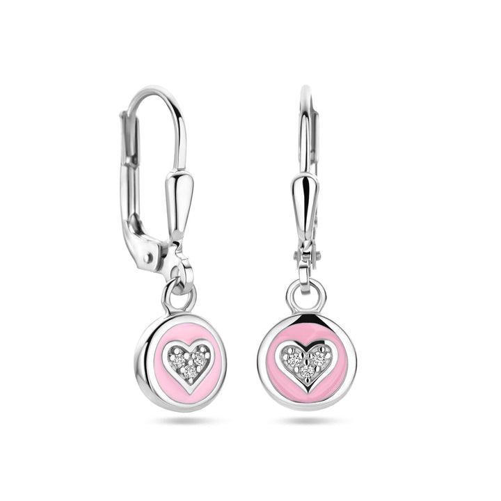 oorhangers  hart zirkonia en roze emaille brisur haak zilver gerhodineerd