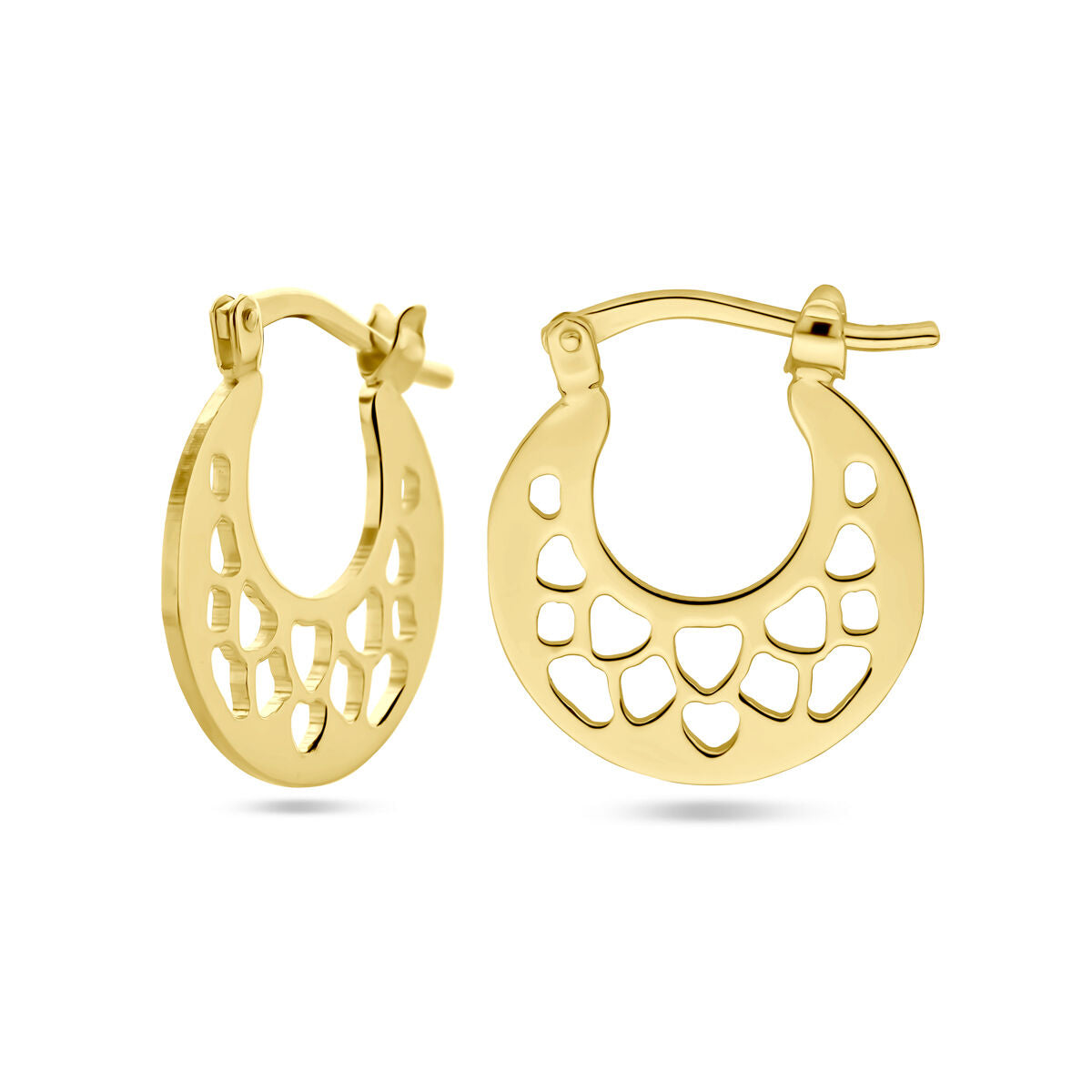 Aros de oro amarillo con diseño calado y cierre de bisagra.