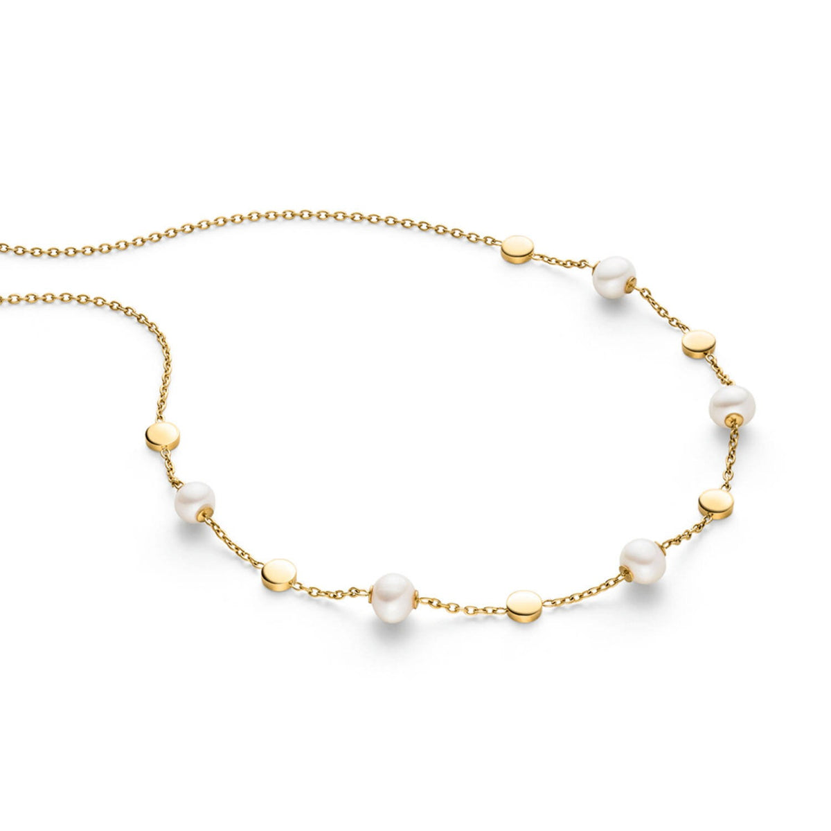 Collar de titanio con perlas blancas y detalles dorados, longitud de 45 cm.