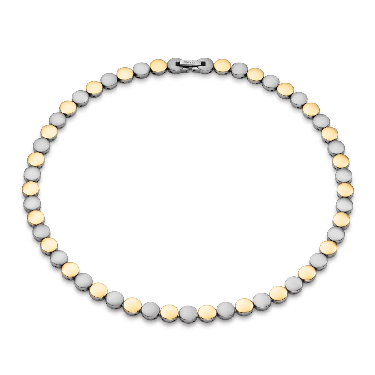 Collar de eslabones de titanio con detalles en dorado, de 45 cm de longitud.