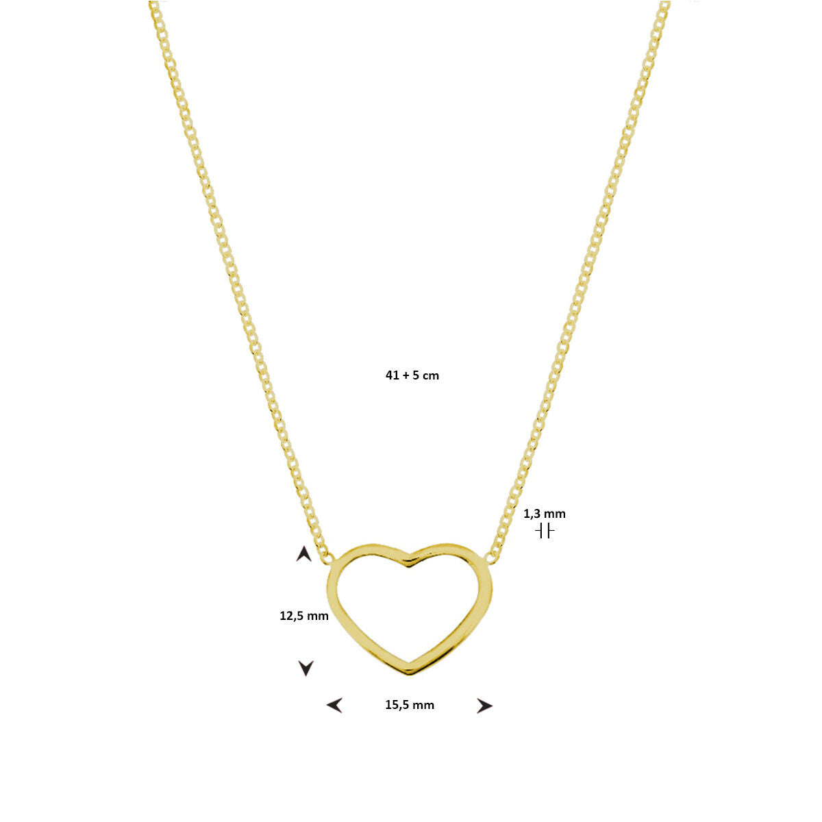 collar corazón 41 + 5 cm 3 micrones plata chapado en oro amarillo