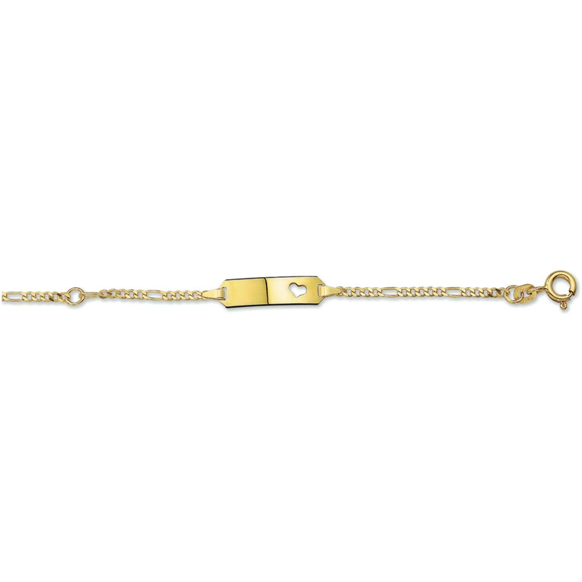 De Van der Kooij Collectie graveerarmband figaro hart plaat 5 mm, 9-11 cm in 14K geelgoud is voorzien van een centrale rechthoekige plaat met hartjesuitsnede, gedraaide en gladde schakels en een ronde sluiting.