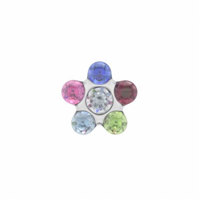 Pendientes de flor de acero con piedras de colores rosa, azul, verde y transparente.
