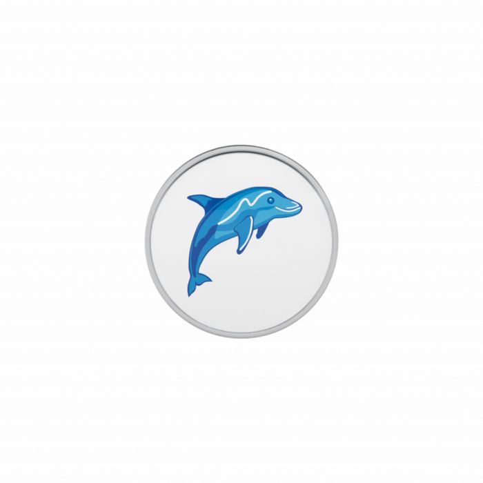 Pendientes de delfín de acero con diseño azul y fondo blanco.