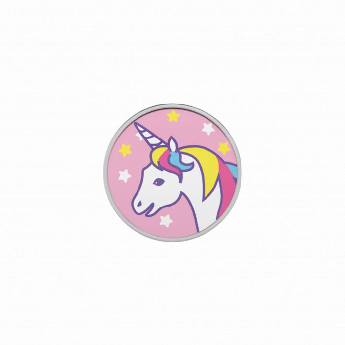 Pendientes de aro de acero con diseño de unicornio en colores pastel sobre fondo rosa.