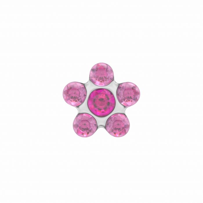 Pendientes de flor rosa con detalles de acero y cristales brillantes.